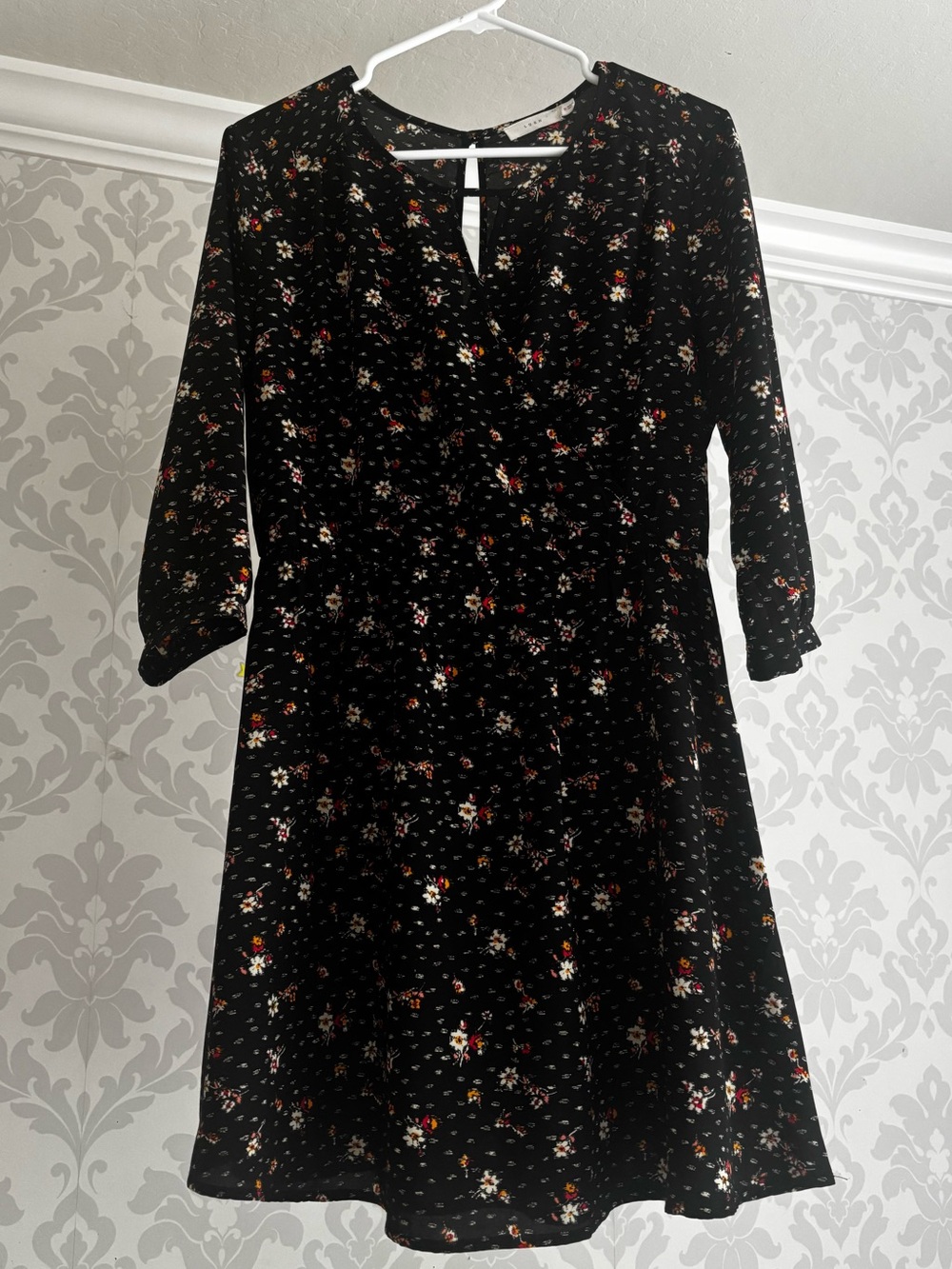 LUSH Kendal Dress in Black Floral Faux Wrap Mini Dress with Delicate Print